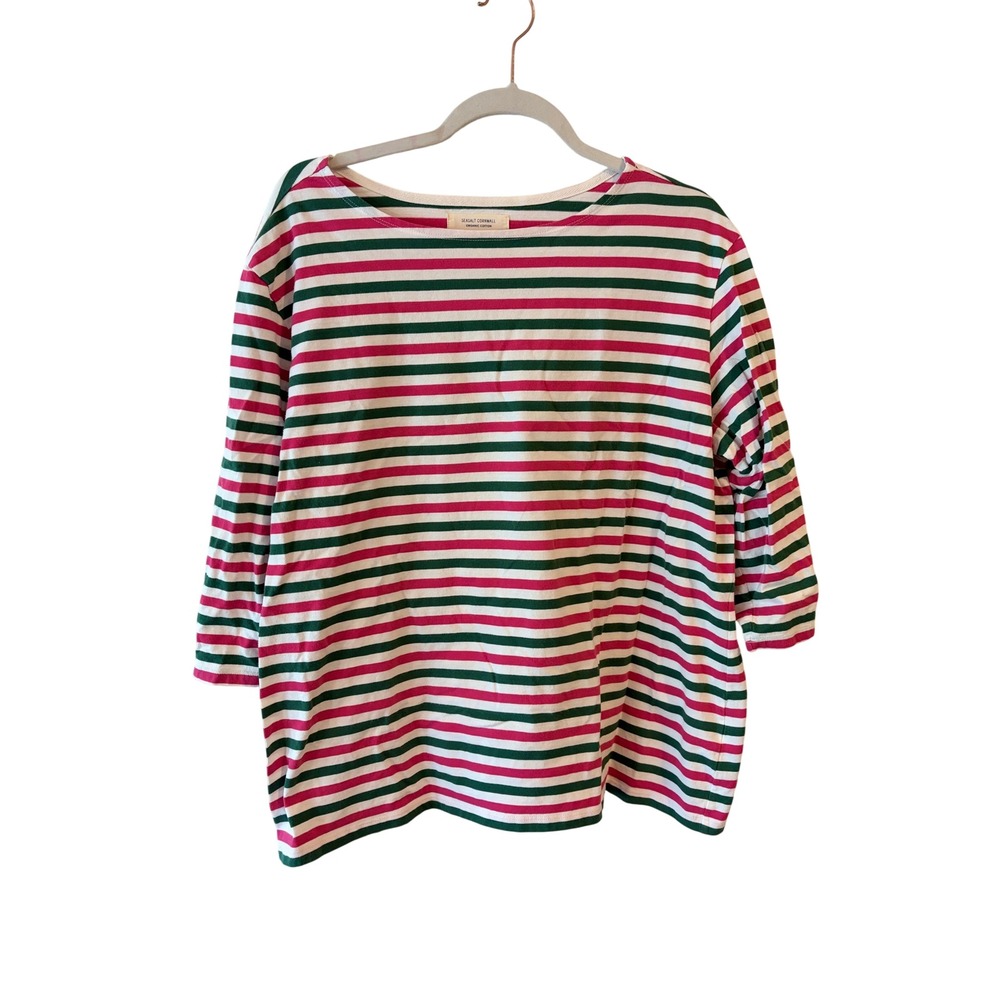 Seasalt Cornwall The Sailor Top Organic Cotton Striped 3/4 Sleeve Shirt Pink 18